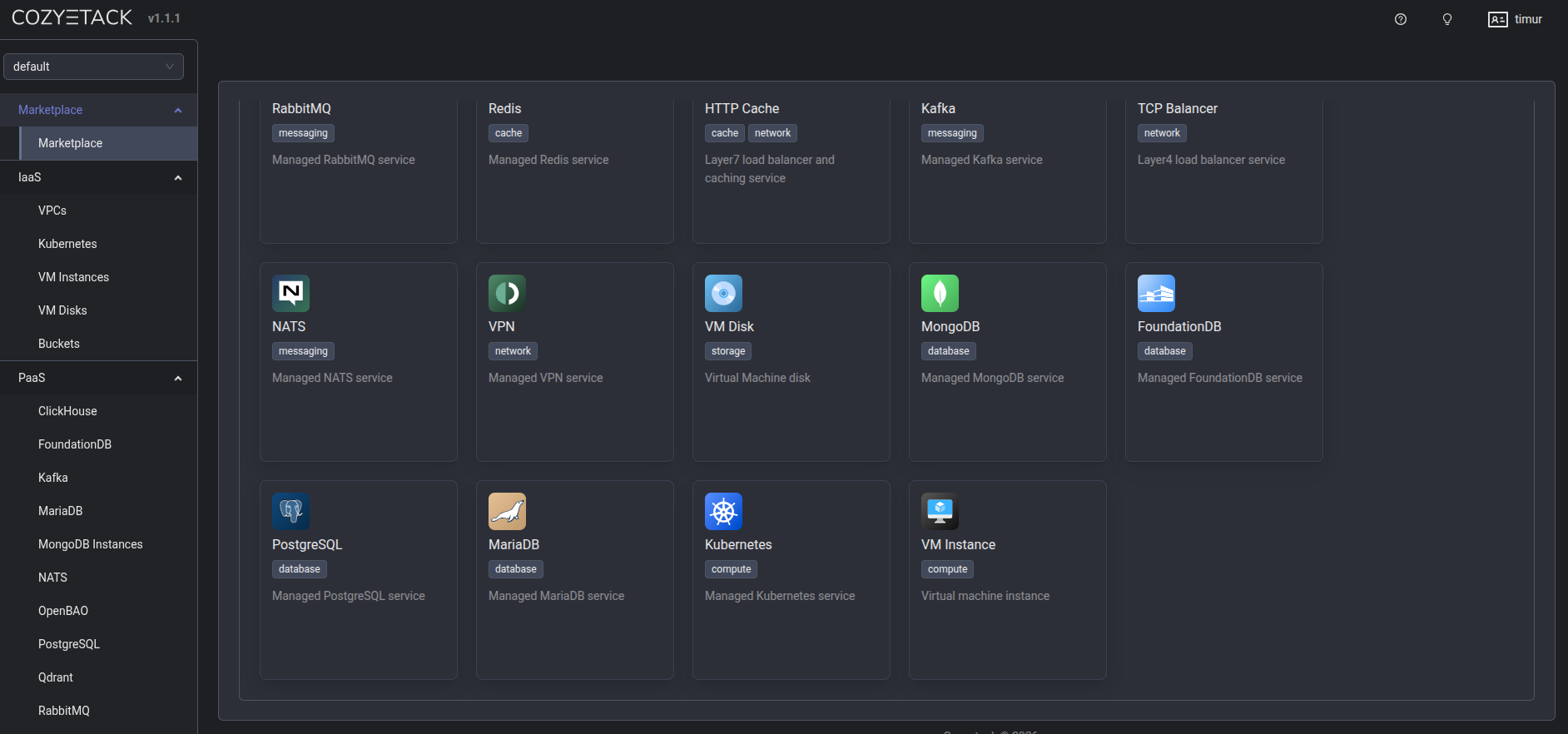 Marketplace панели управления Cozystack с приложением Postgres